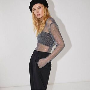 Free People intimately Filter Finish Deep Shore Navy Long Sleeve Rhinestone Top